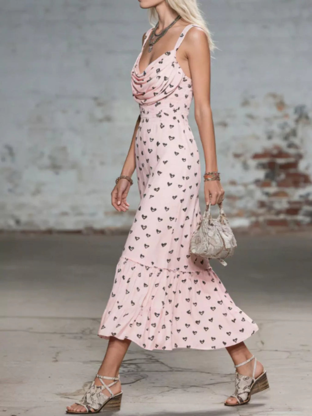 Heart-Print Cowl Neck Midi Dress