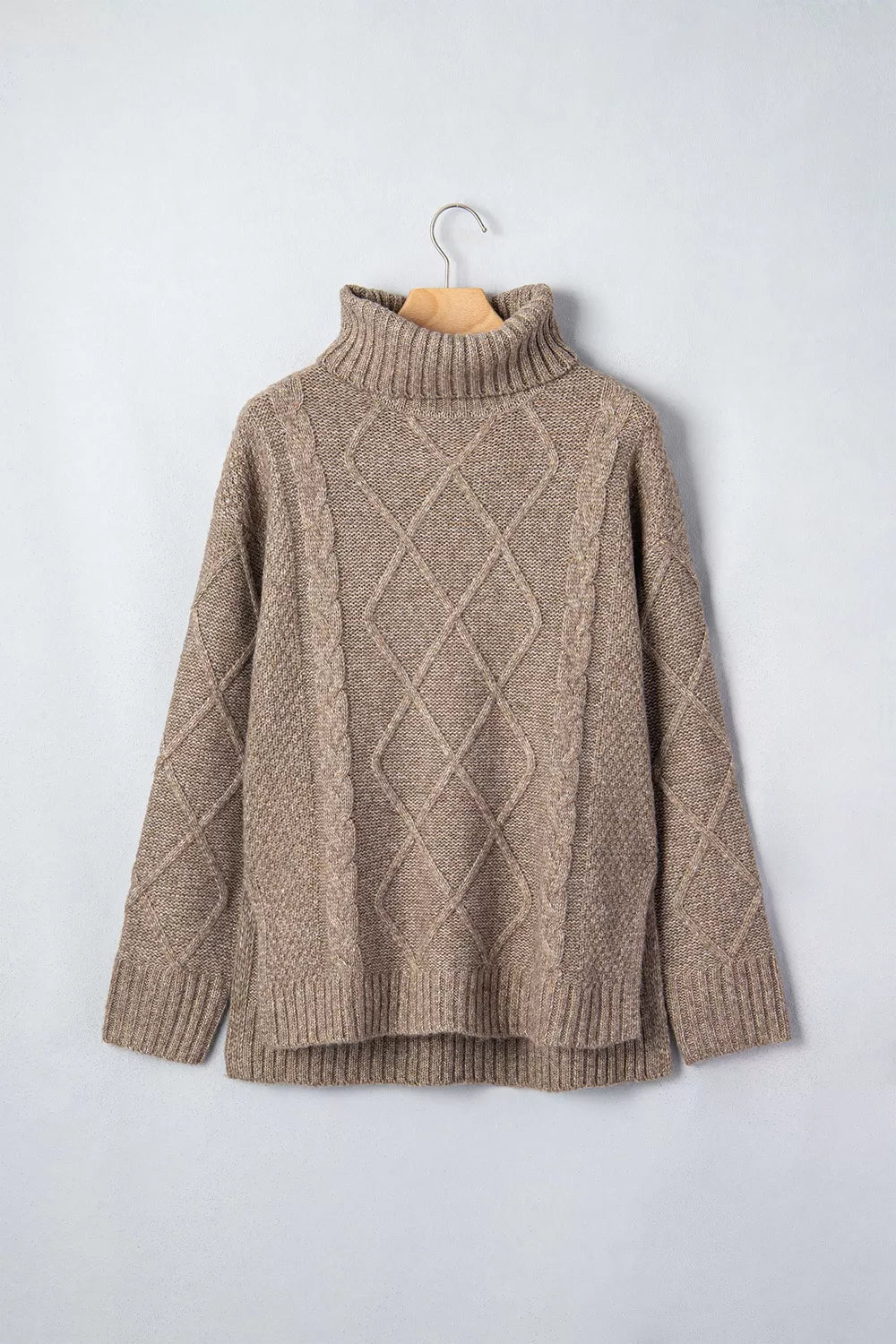 High Neck Drop Shoulder Cable Knit Regular Length Sweater