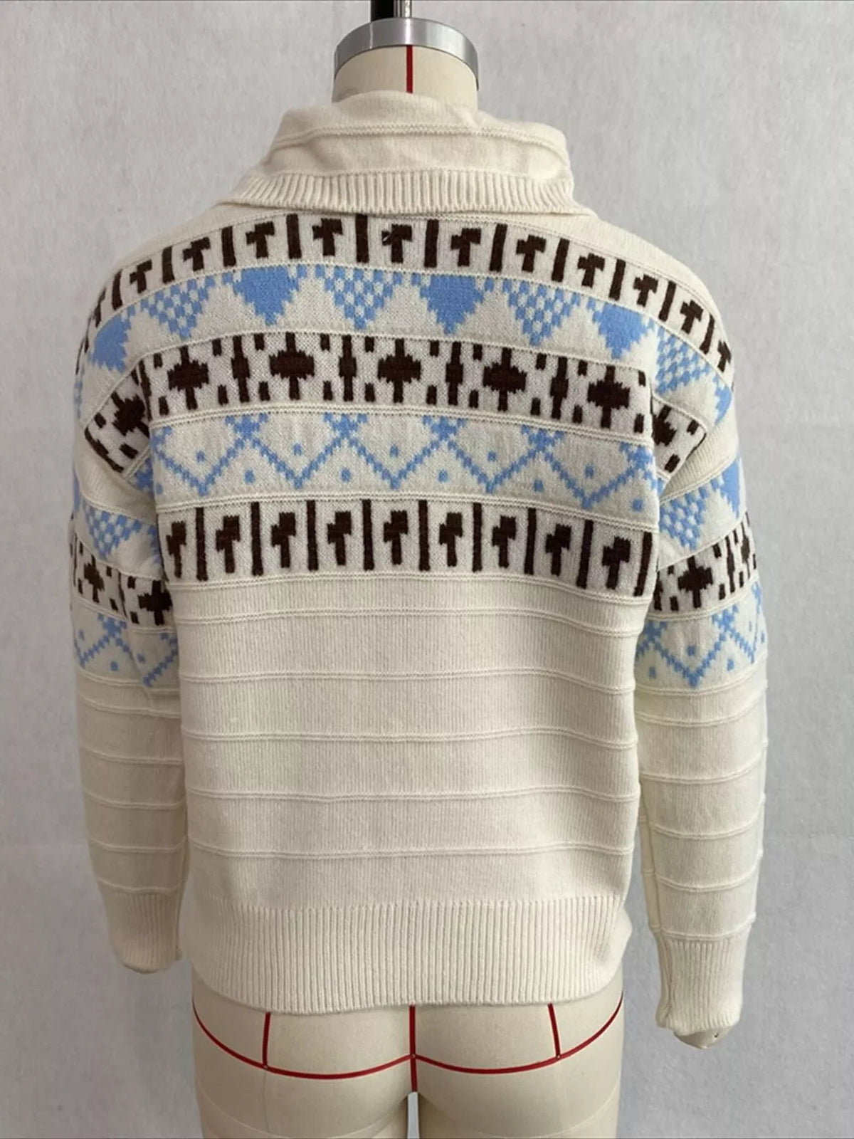Vintage-Inspired Fair Isle Patterned Polo Sweater