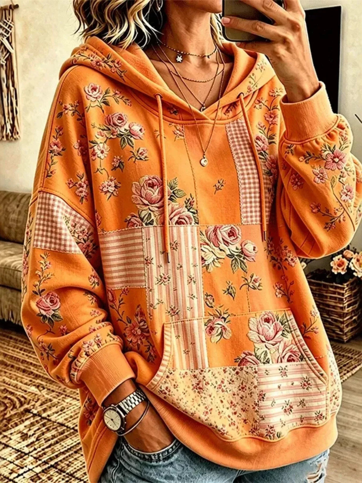 Full Size Drawstring Floral Dropped Shoulder Hoodie Plus Size