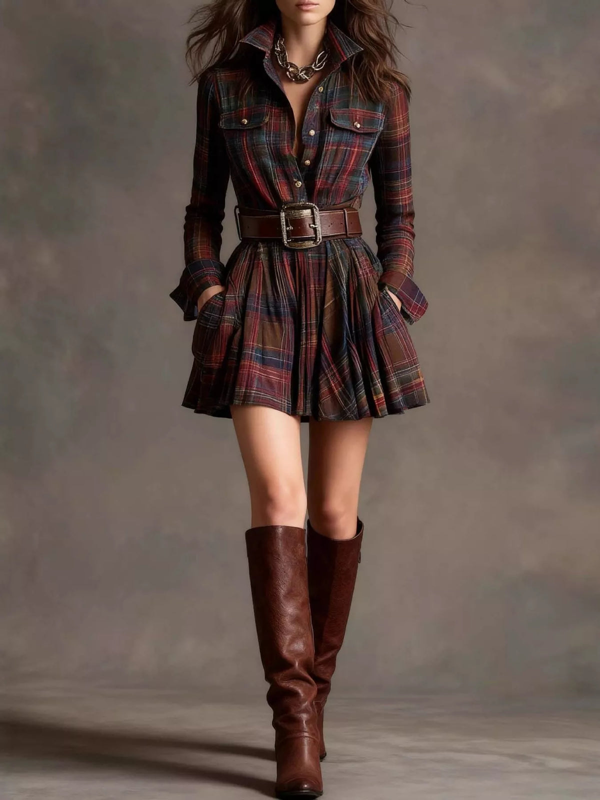 Plaid Long-Sleeve Shirt Dress