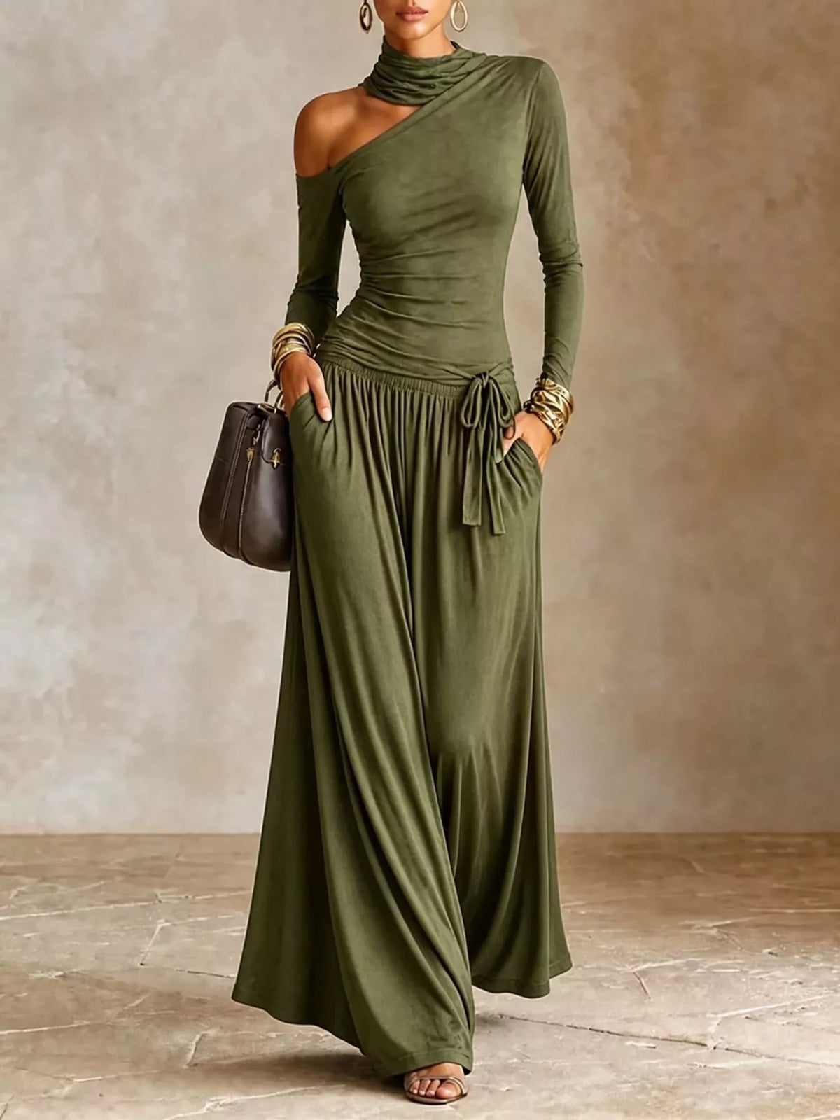 Asymmetric Cutout Long Sleeve Maxi Dress