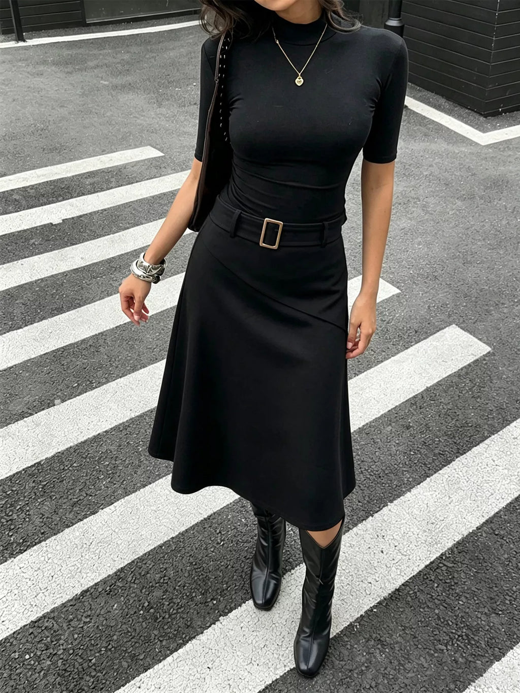High-Waisted A-Line Midi Skirt with Belted Detail