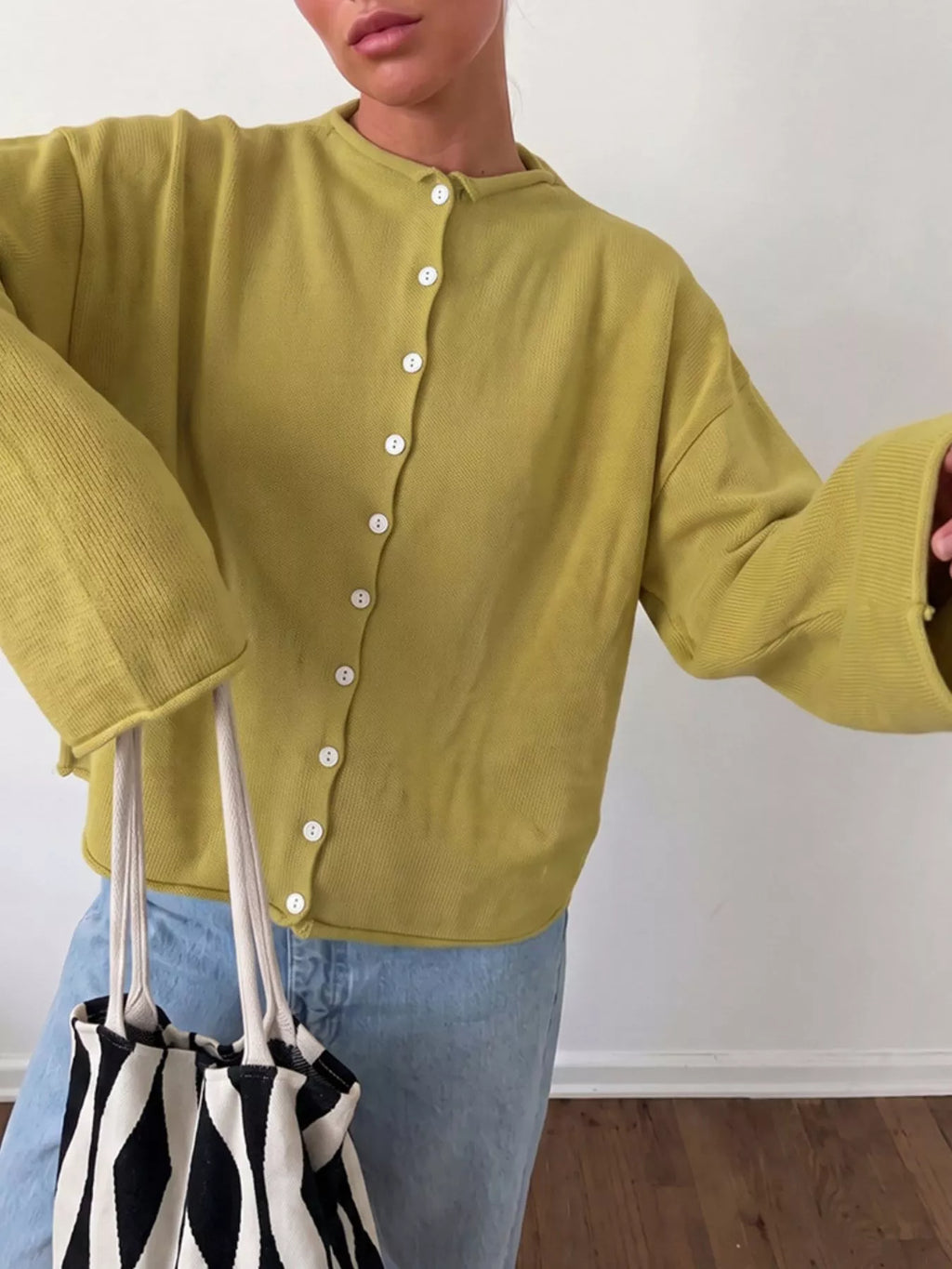 Mock Neck Button-Down Knit Cardigan