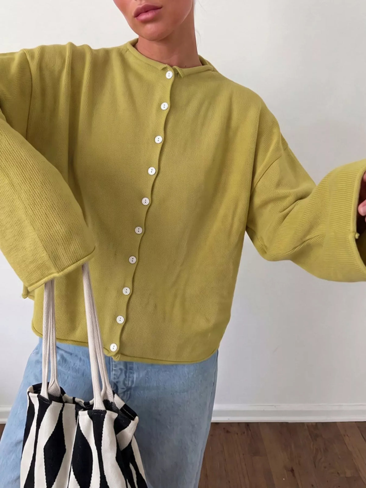 Mock Neck Button-Down Knit Cardigan