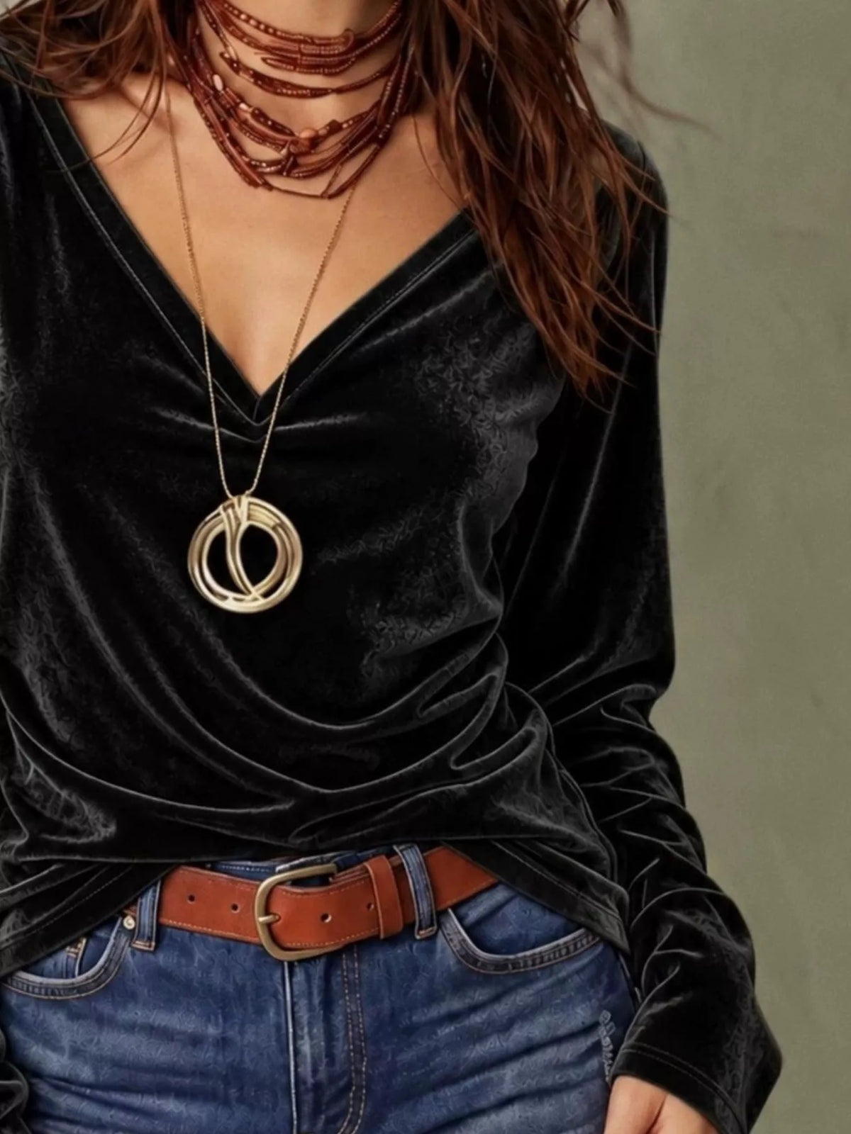 Full Size V-Neck Long Sleeve Velvet Blouse Plus Size