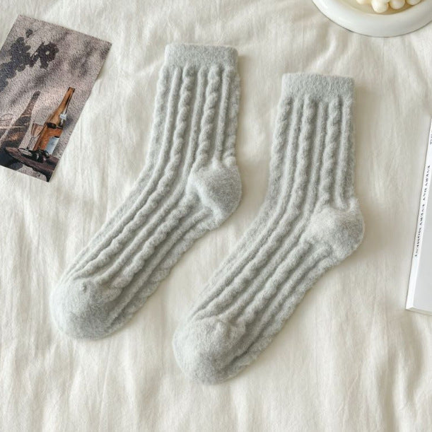 Thick Solid-color Mid-calf Cotton Socks For Women