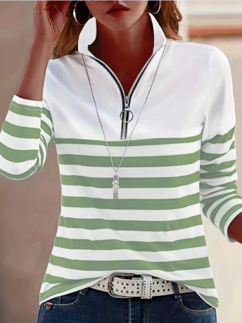 Quarter-Zip Striped Long Sleeve T-Shirt