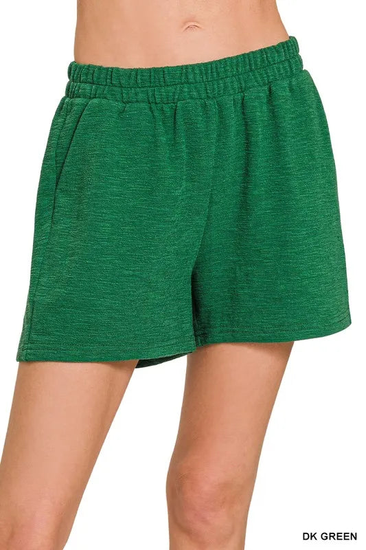 Cotton Slub Drawstring Shorts with Pockets – Dark Green