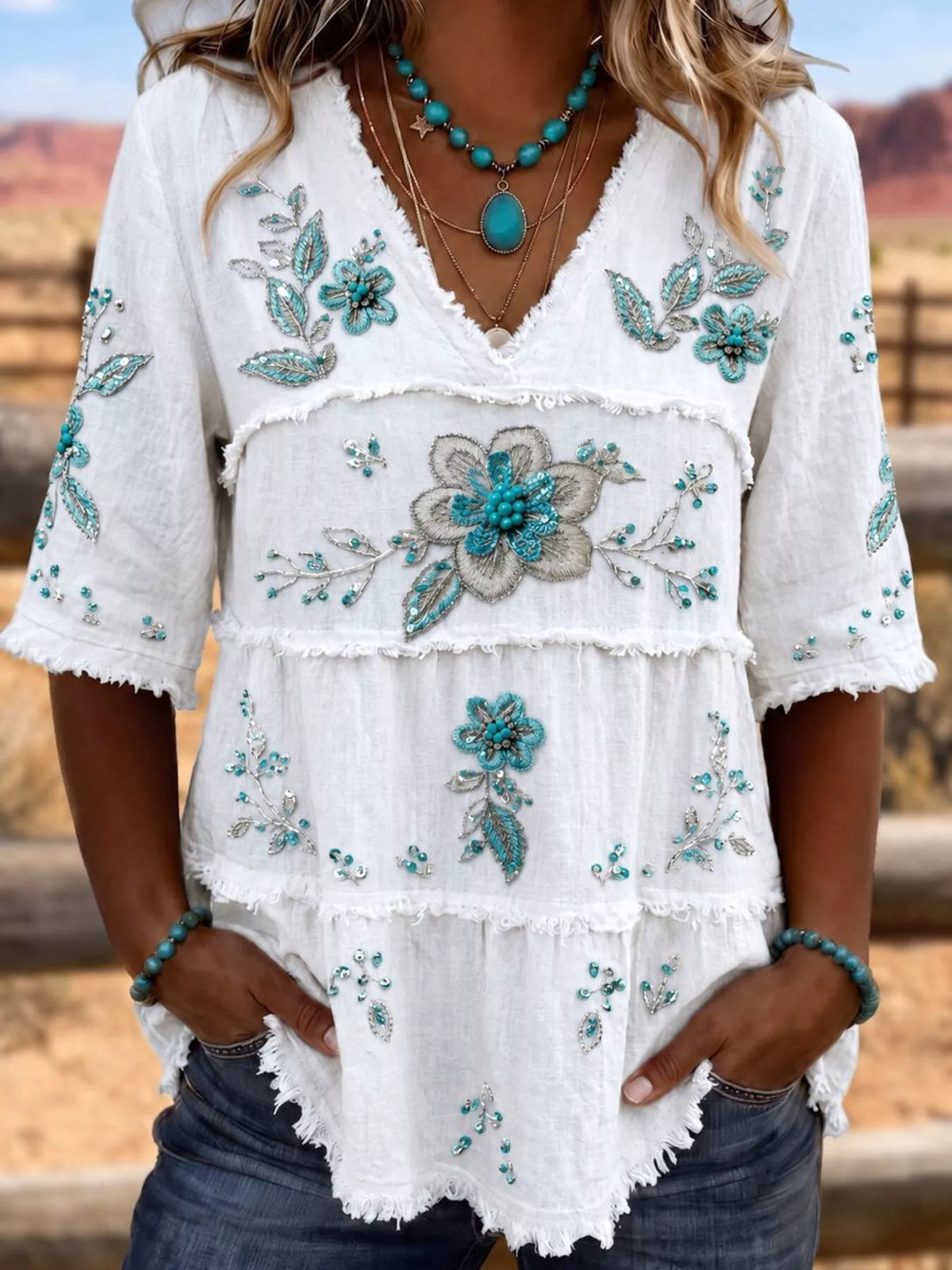 Full Size Floral Raw Hem V-Neck Blouse Plus Size