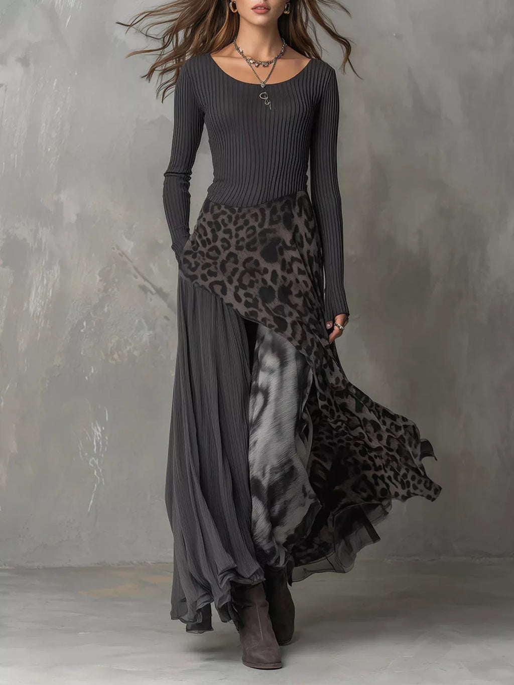 Ribbed Knit Leopard Print Patchwork Maxi Dress