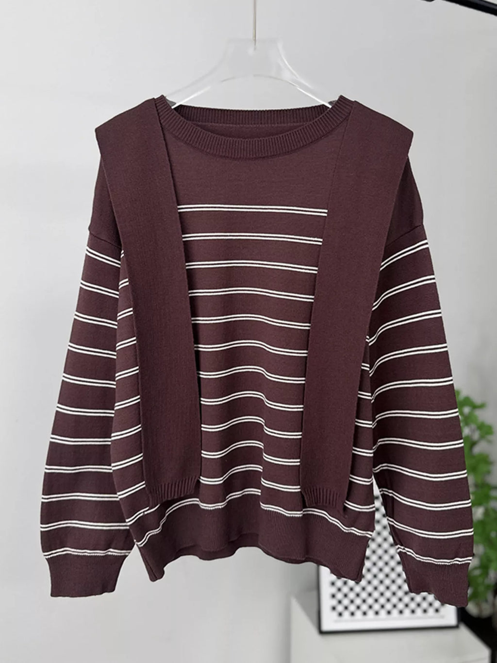 Classic Striped Crewneck Knit Top with Layered Sweater Detail