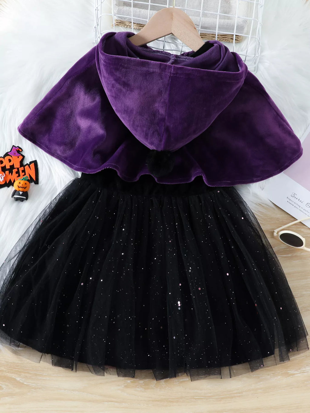 Children's Velvet Hooded Cape and Tulle Dress Halloween Witch Costume Set