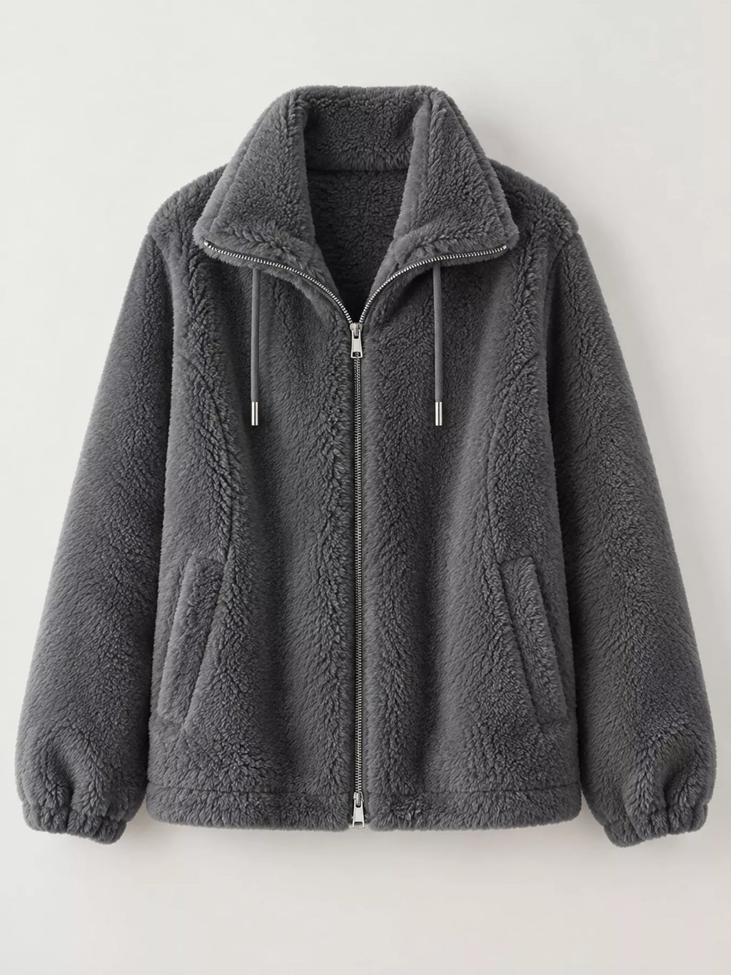 Full Size Drawstring Faux Fur Stand-Collar Zip-Up Outerwear Plus Size