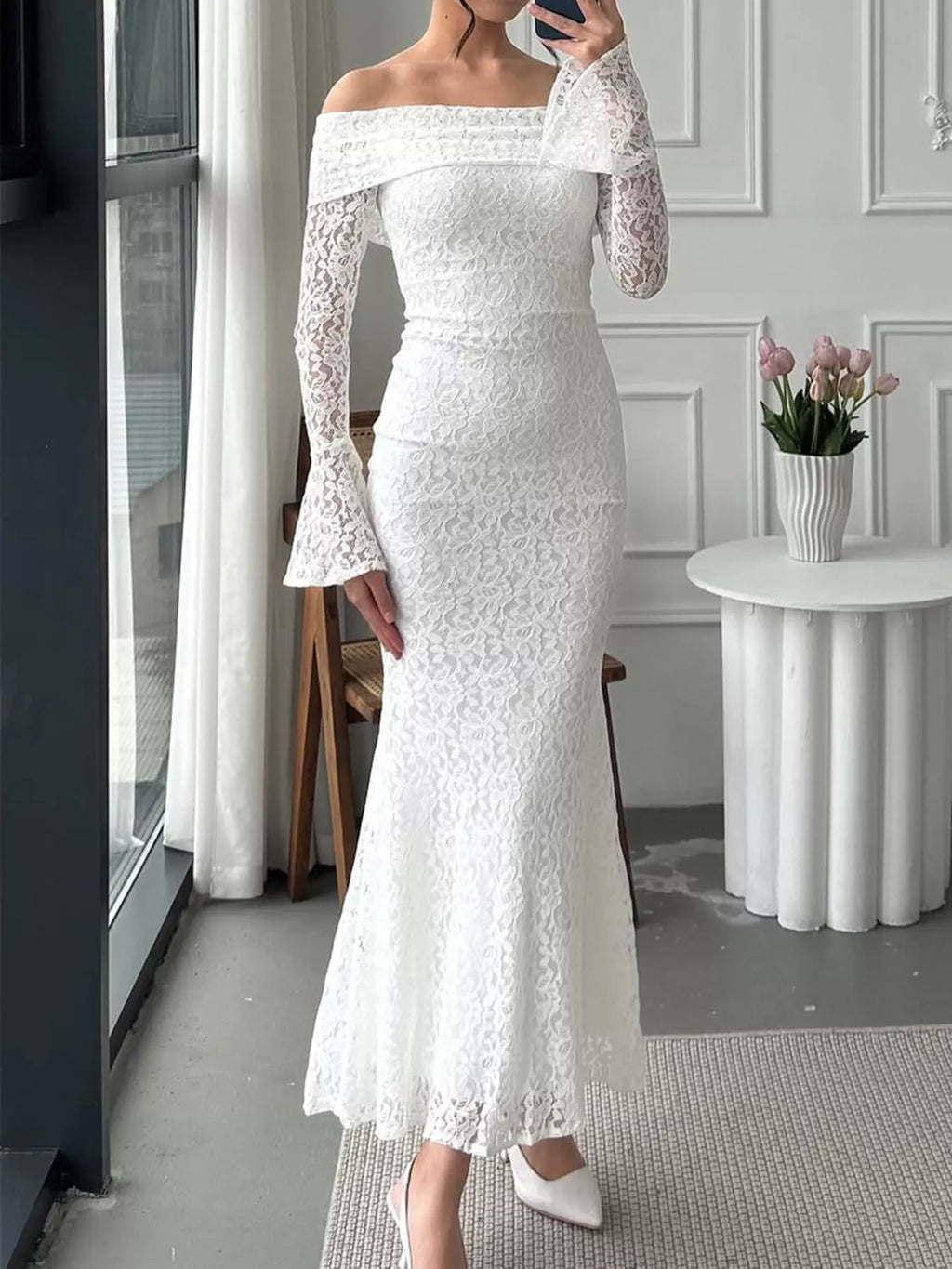 Off-Shoulder Lace Bodycon Maxi Dress