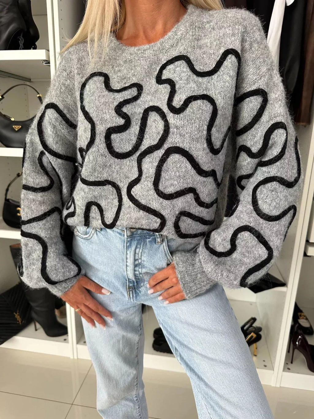 Abstract Pattern Oversized Round Neck Sweater