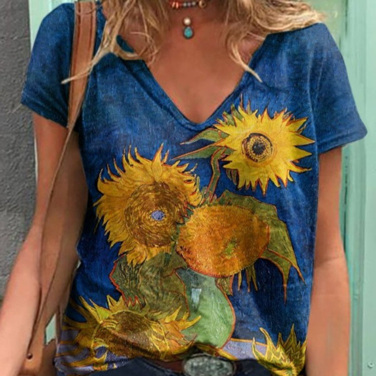 Womens Casual Loose-Fit Printed Pullover T-Shirt Top