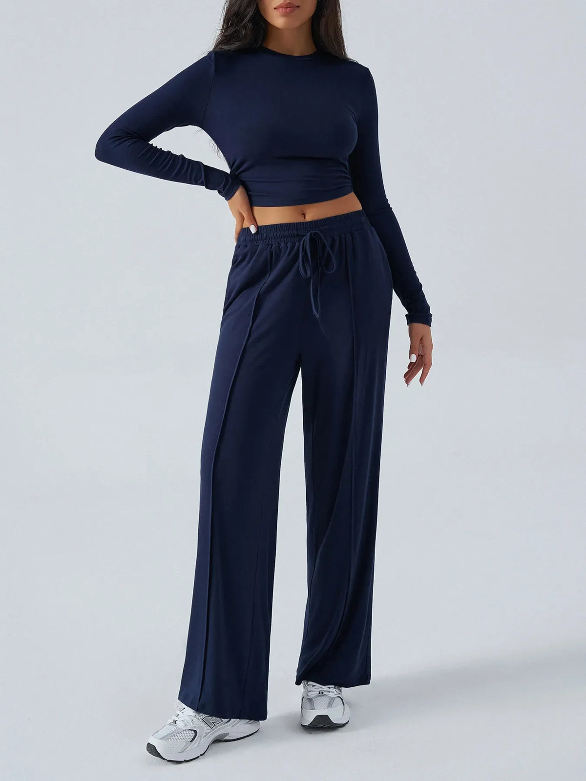 Round Neck Long Sleeve Top and Pants Set
