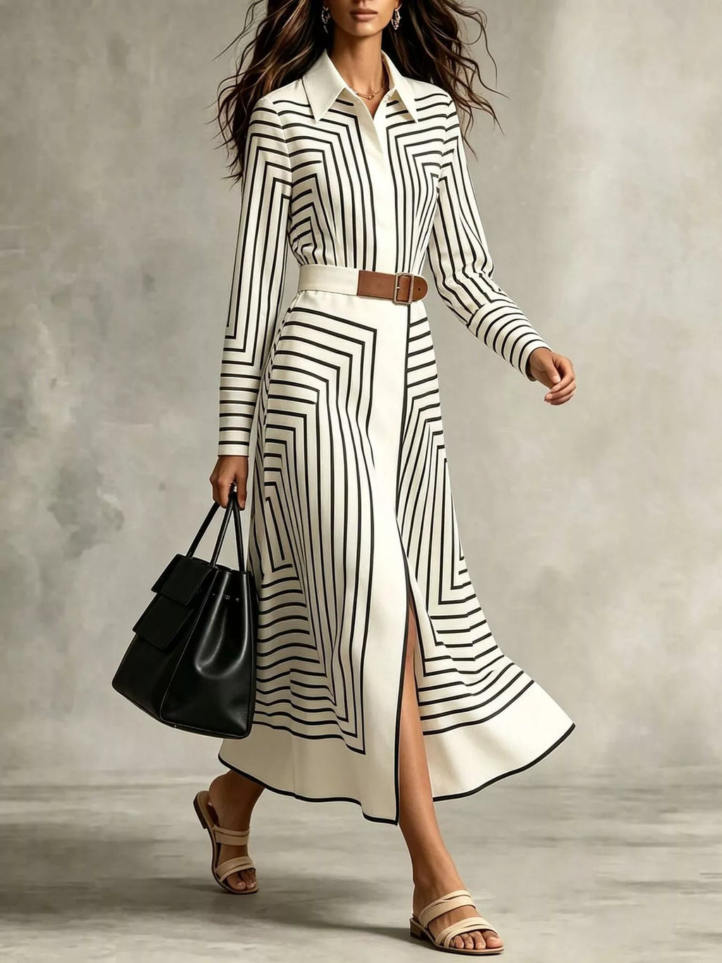 Geometric Striped Midi Shirt Dress