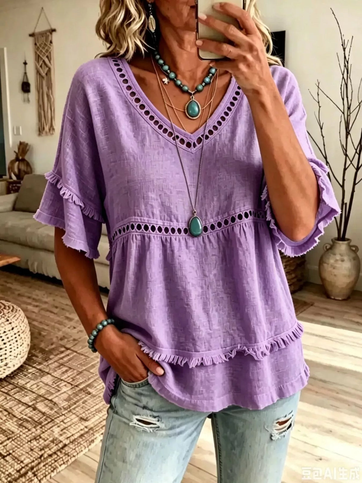 Eyelet V-Neck Frayed Edge T-Shirt