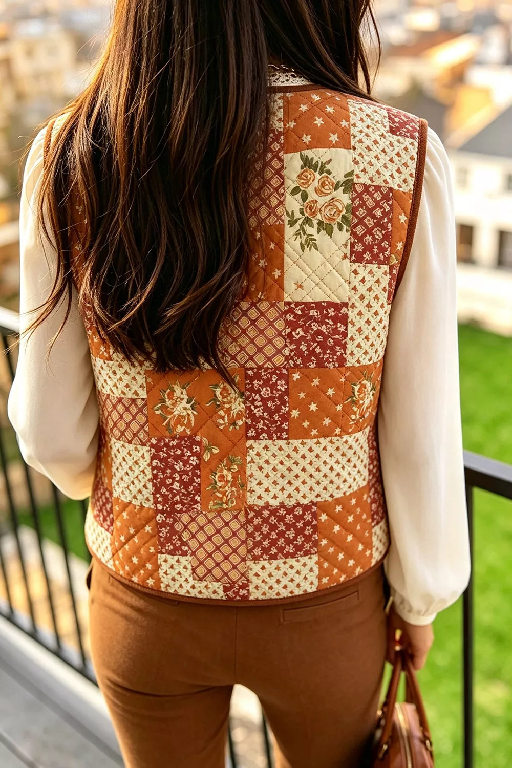 Fleece Quilted Floral Patchwork Contrast Trim V Neck Button Vest