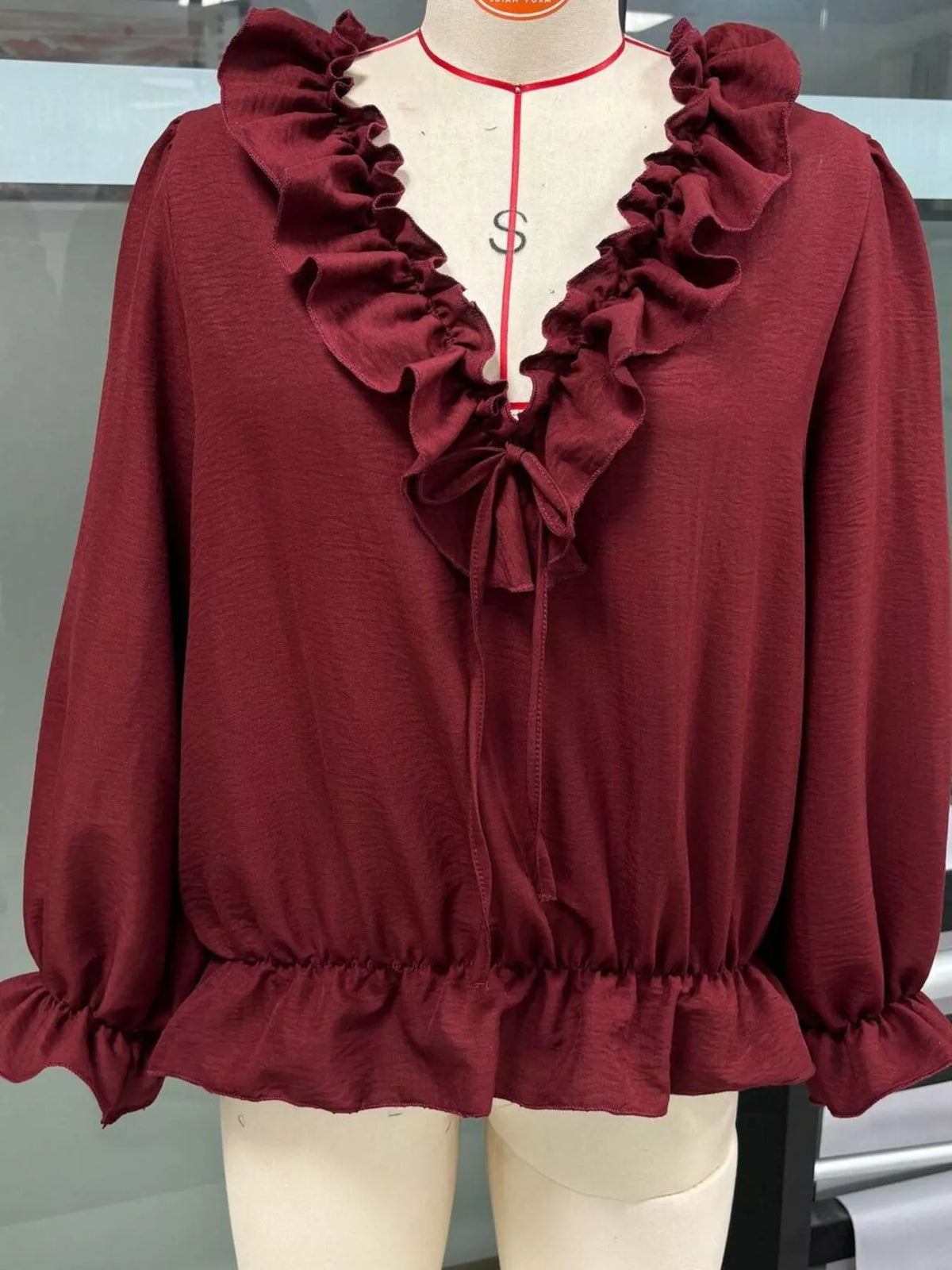 Ruffle V-Neck Long Sleeve Blouse