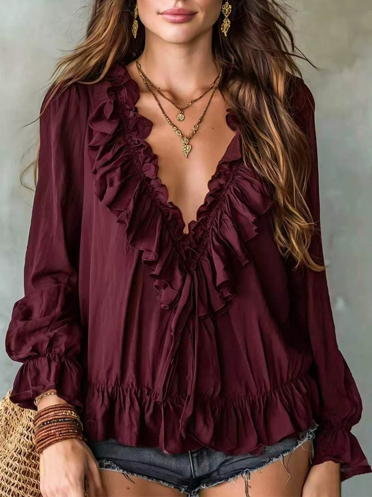 Ruffle V-Neck Long Sleeve Blouse