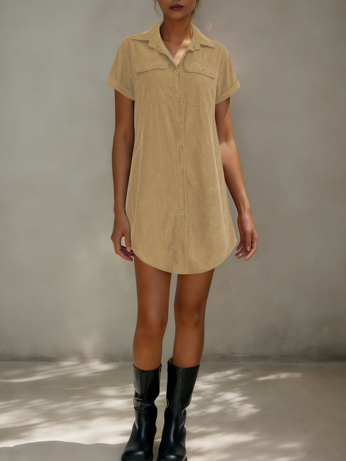 Independent Site Cross-Border Foreign Trade Retro Casual Corduroy Shirt Dress Loose Slimming Short-Sleeve Turn-Down Collar Dress Women's Clothing