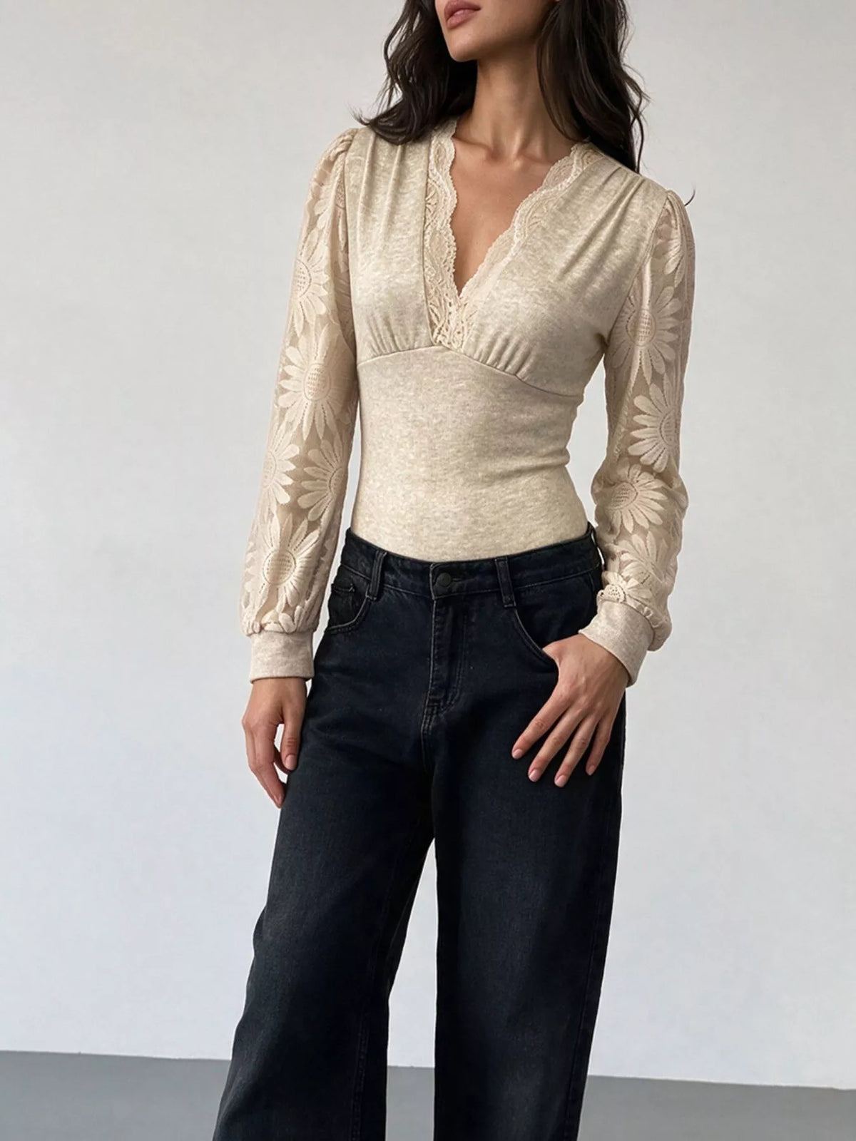 V-Neck Lace Trim Floral Mesh Sleeve Bodysuit