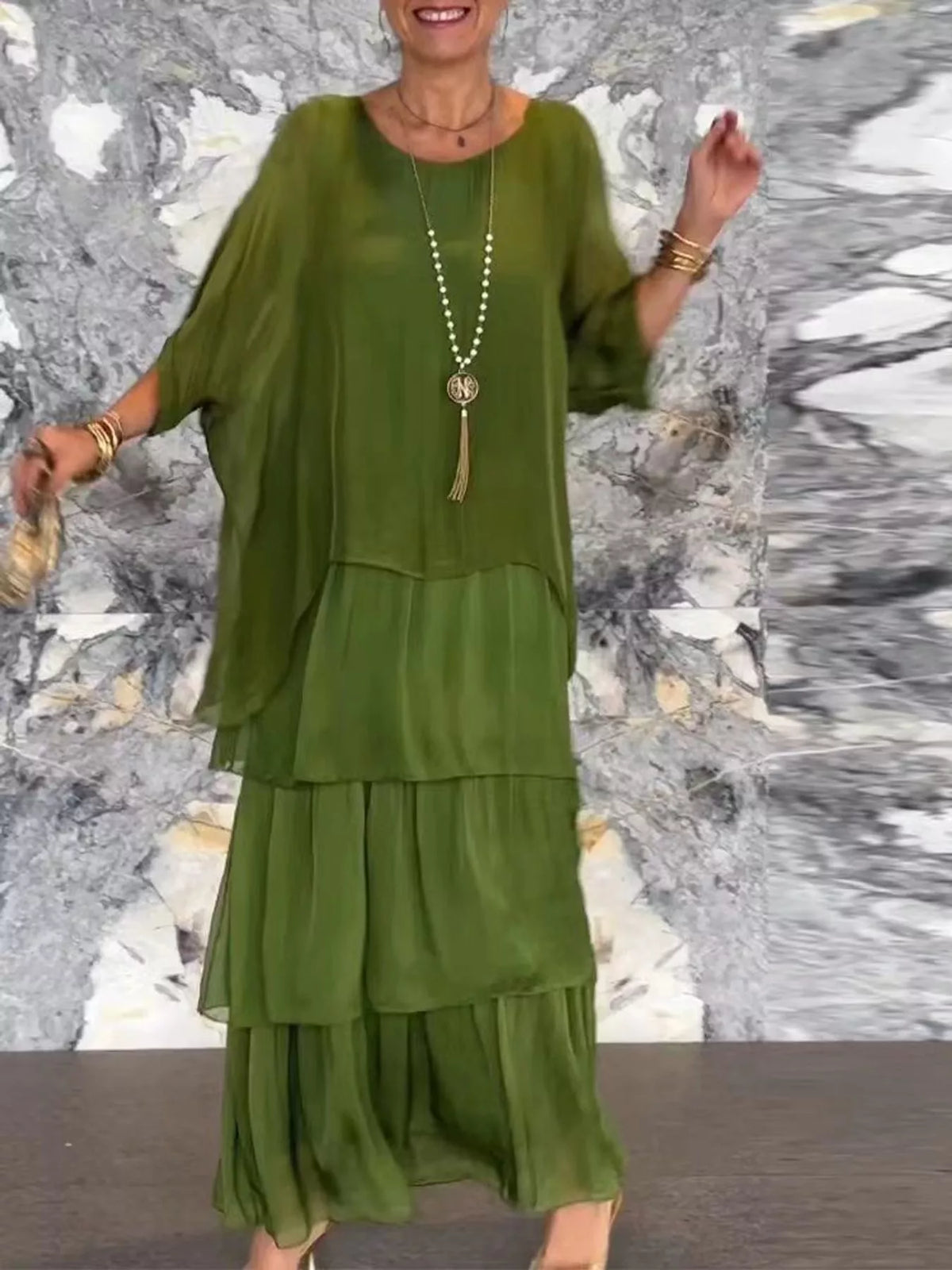 Full Size Layered Batwing Sleeve Maxi Dress Plus Size