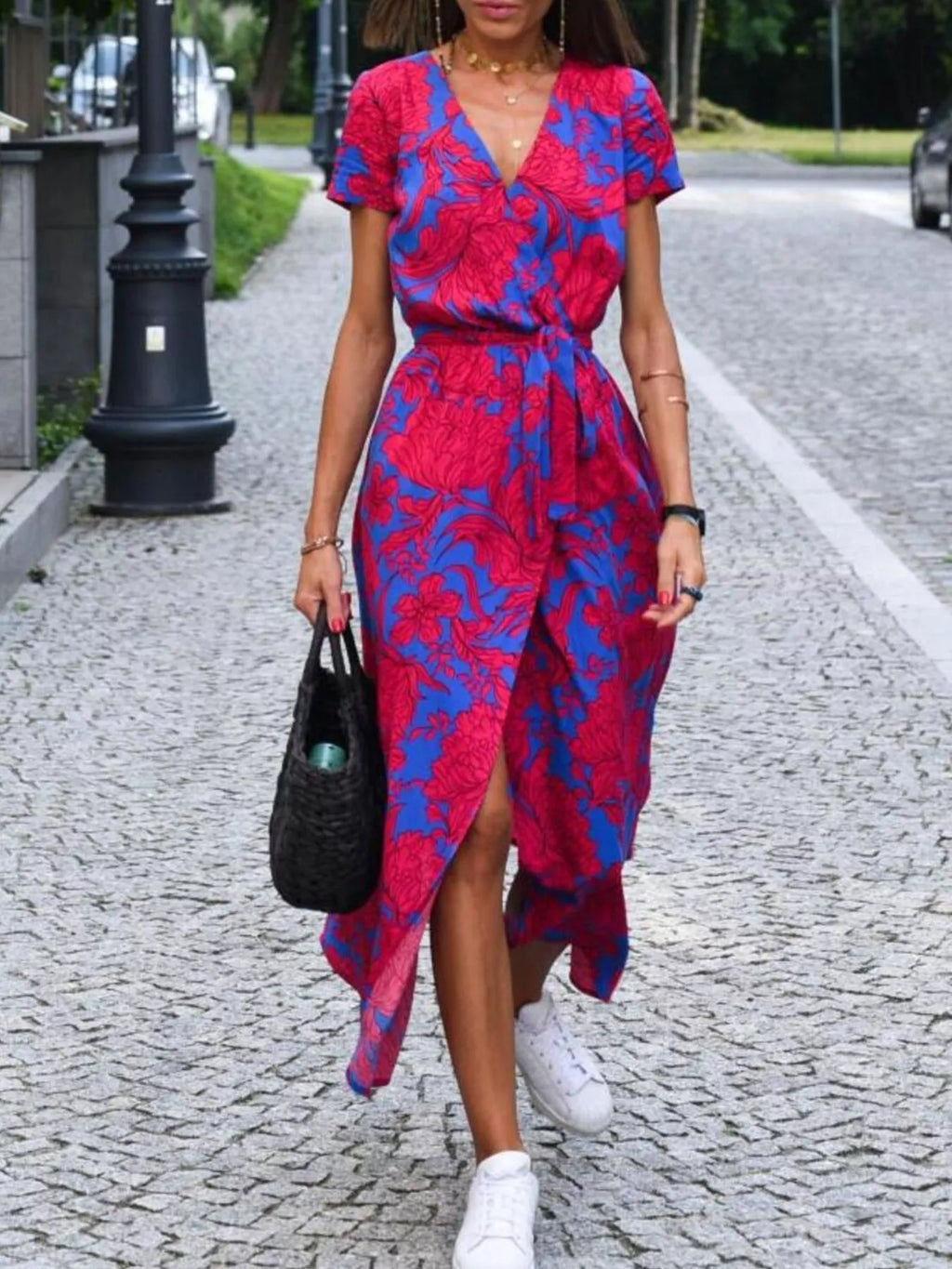 Full Size Slit Floral Print Short Sleeve Dress Plus Size