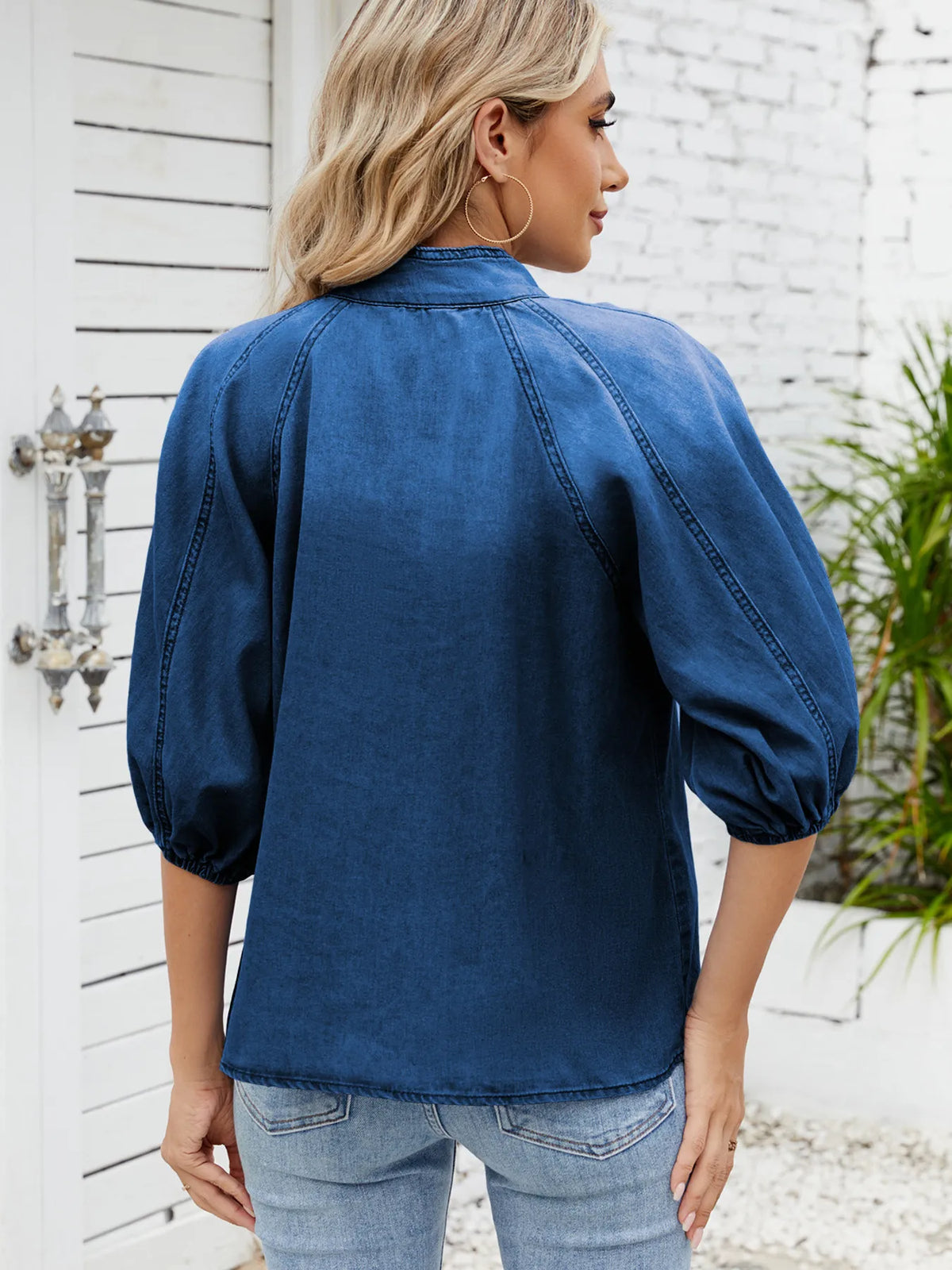 Denim Bow Tie Puff Sleeve Top