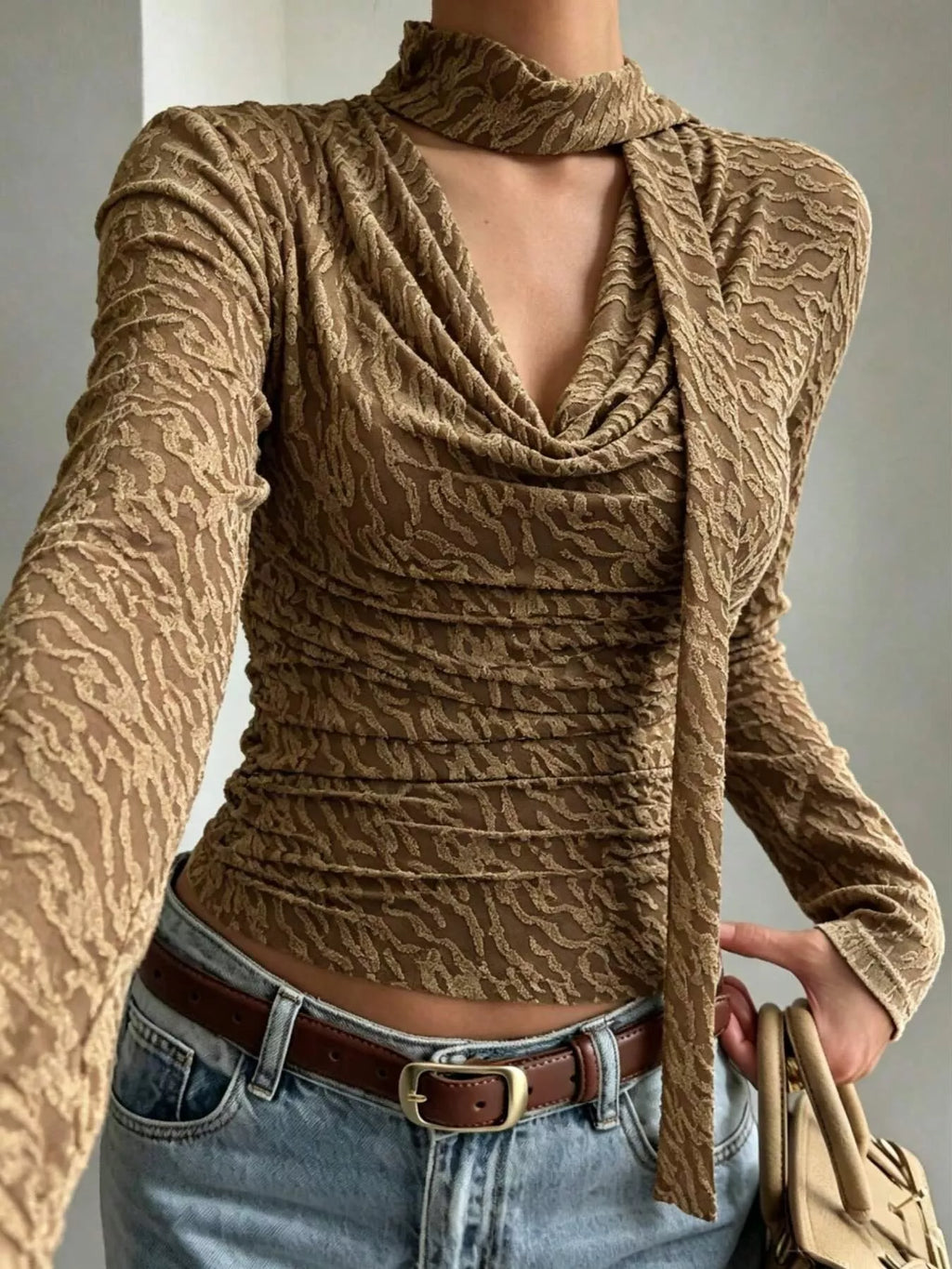 Textured Cowl Neck Long Sleeve Blouse with Scarf Detail
