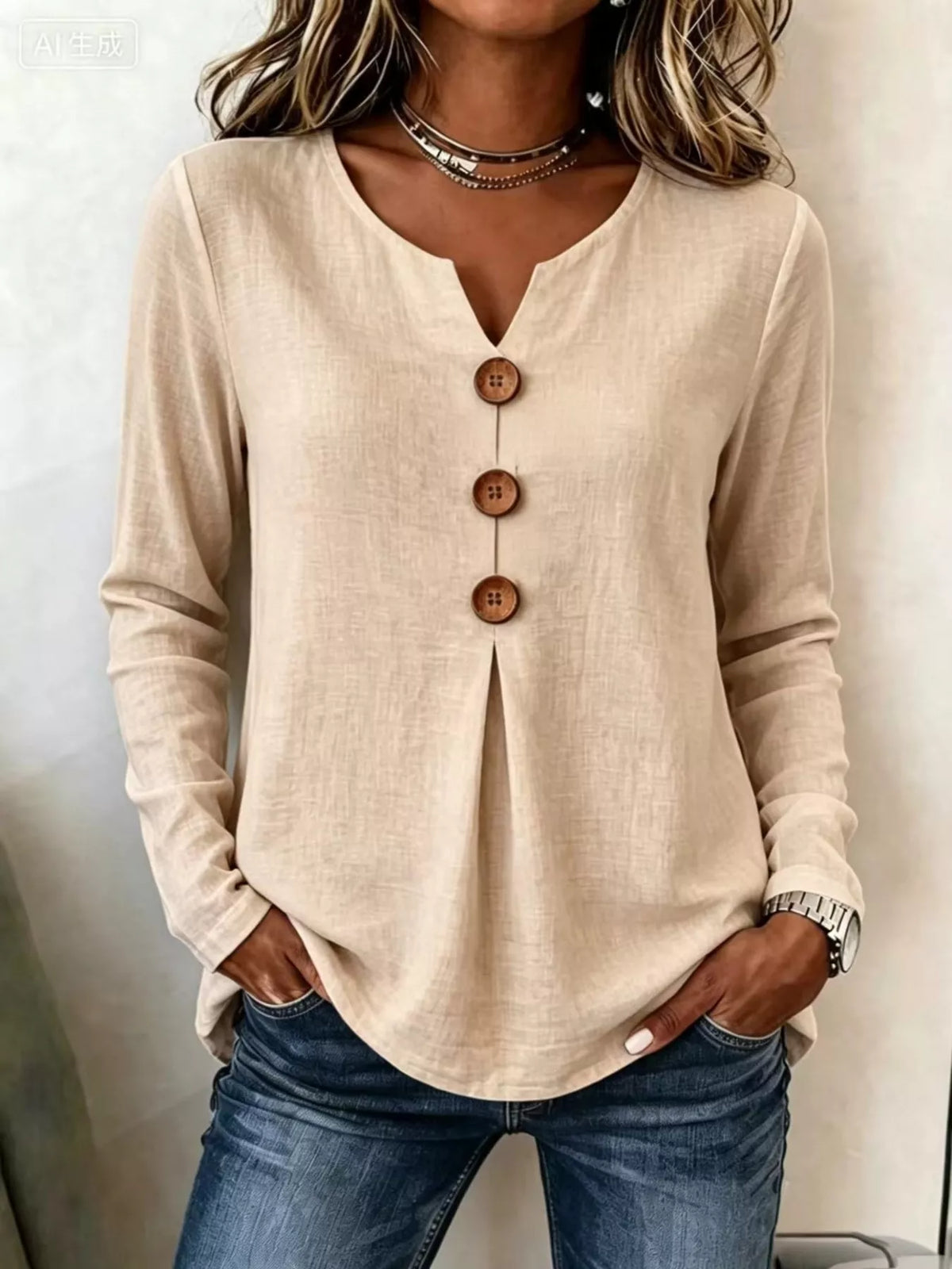 Full Size Decorative Button Long Sleeve Blouse Plus Size
