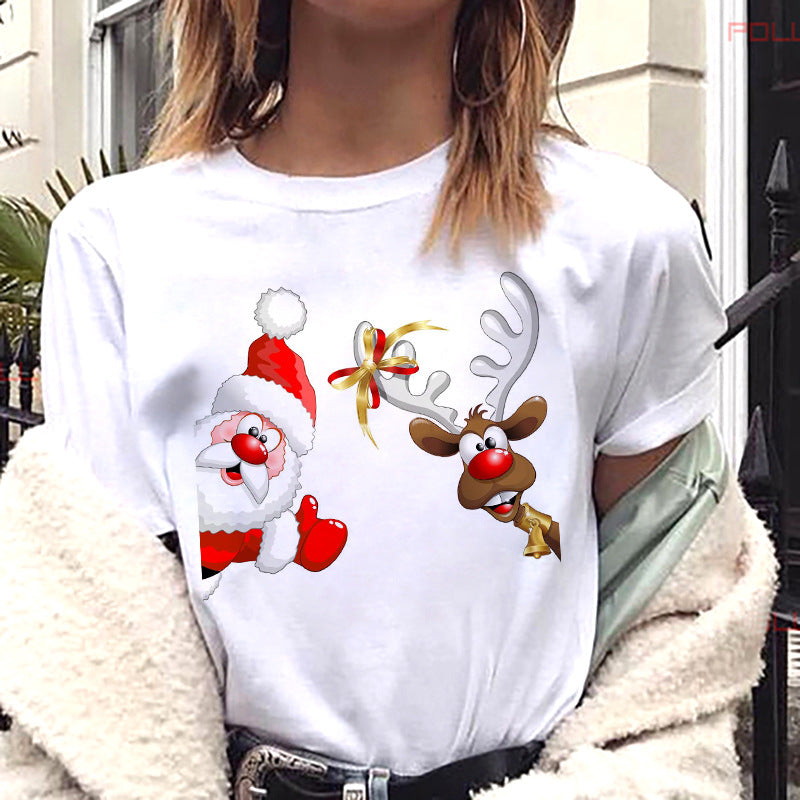 European And American Women's Clothing Merry Christmas Happy Short-sleeved T-shirt Women's Top Women's Round Neck