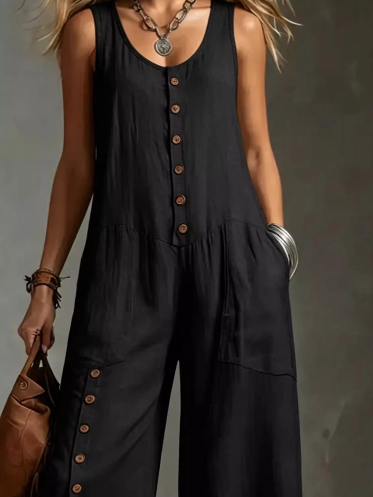 Full Size Sleeveless Button-Down Wide-Leg Jumpsuit Plus Size