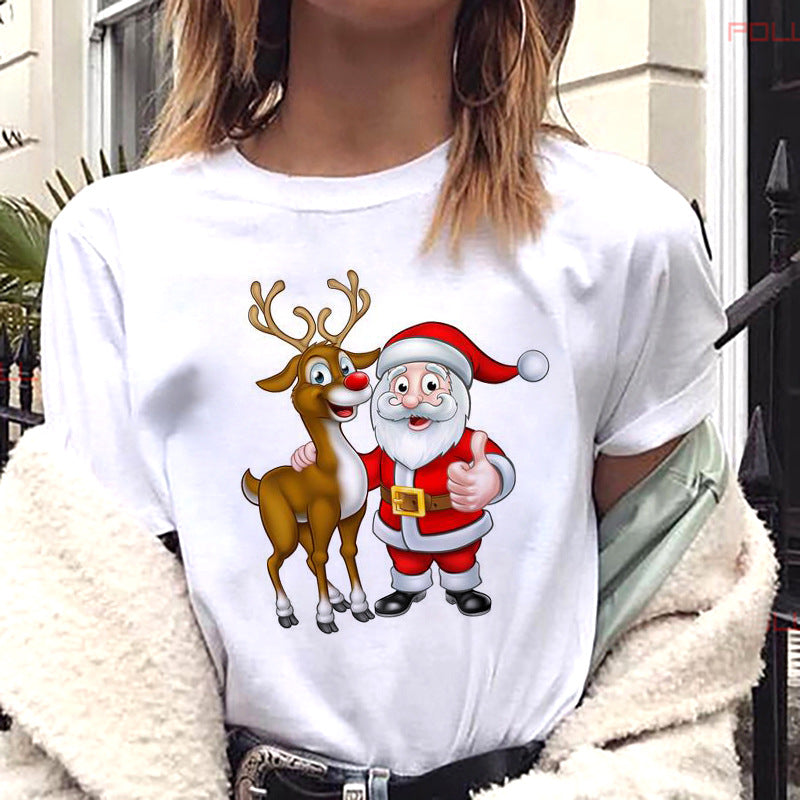 European And American Women's Clothing Merry Christmas Happy Short-sleeved T-shirt Women's Top Women's Round Neck