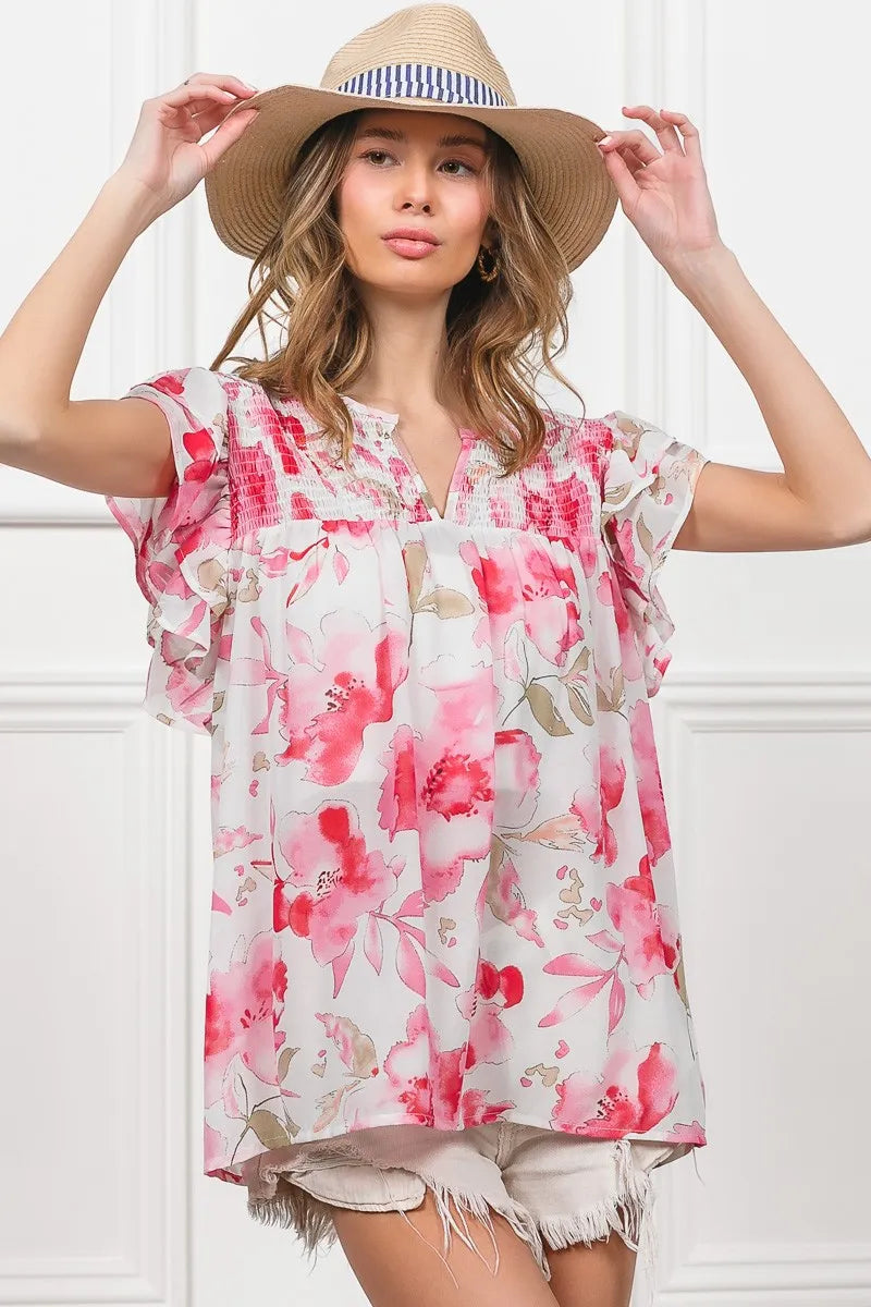 BiBi Floral Print Flutter Sheer Top