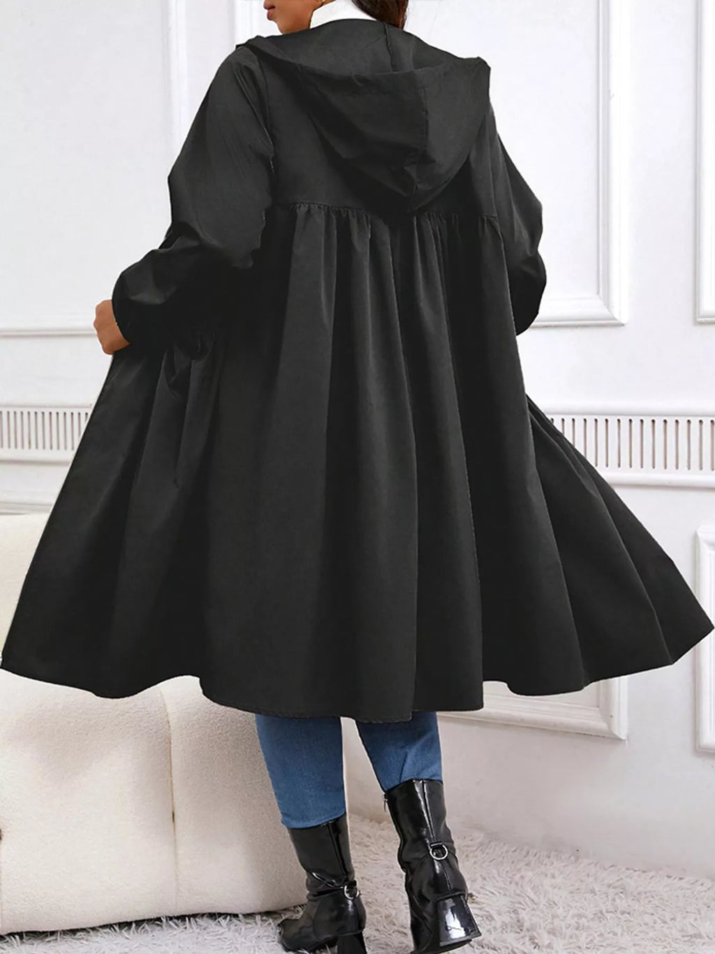 Plus Size Hooded Zip-Up Longline Windbreaker Outerwear