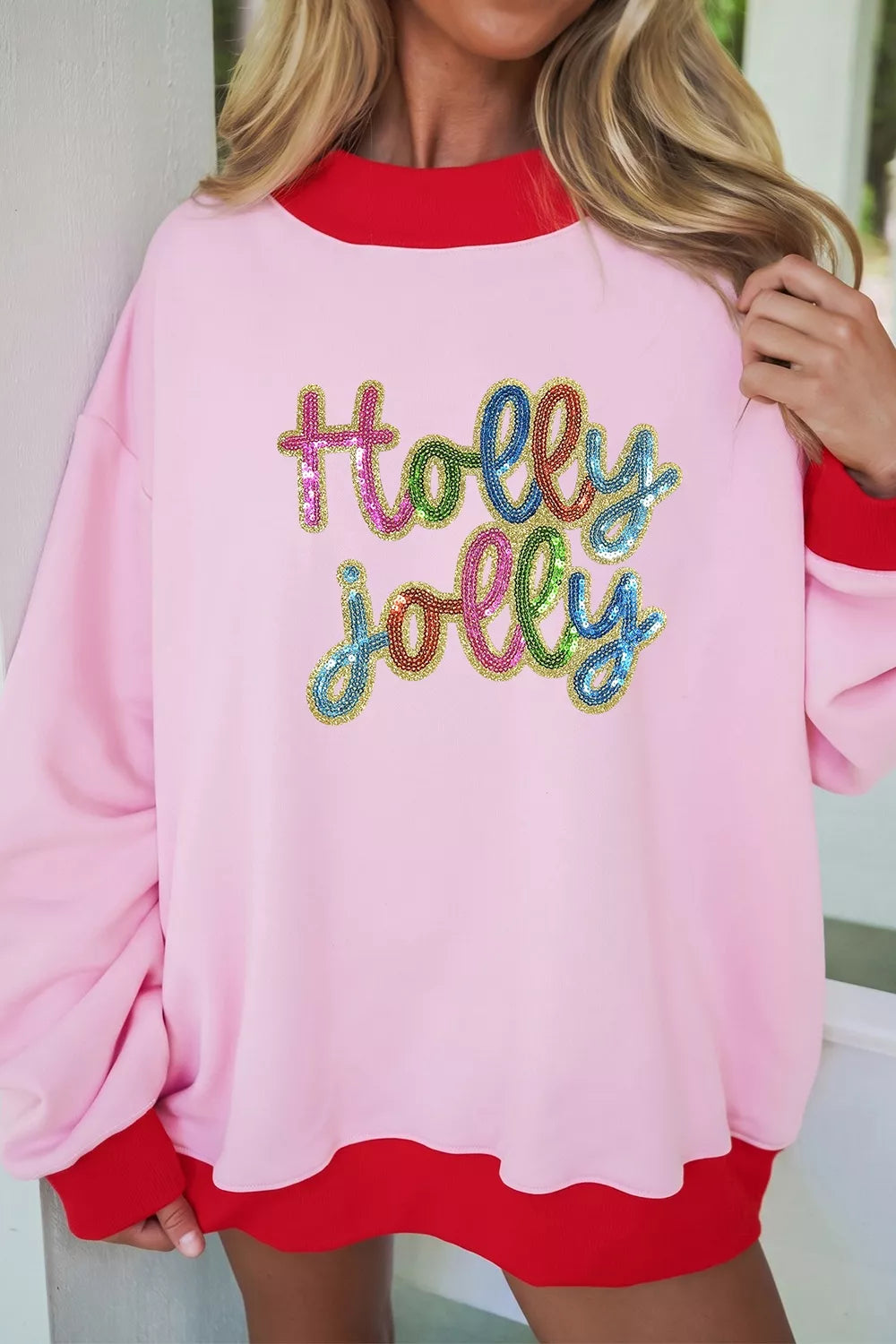 Holly Jolly Sequin Christmas Slogan Color Block Trim Mock Neck Sweatshirt