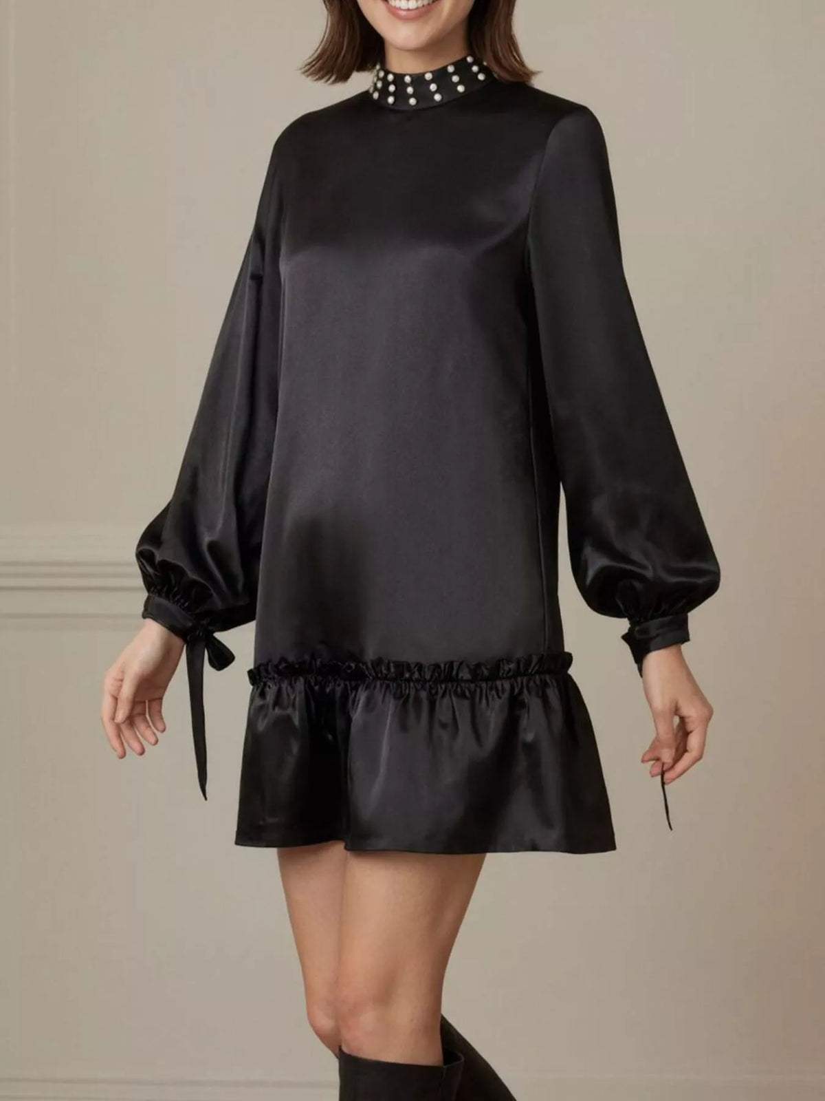 Pearl-Embellished Mock Neck Ruffle Hem Dress
