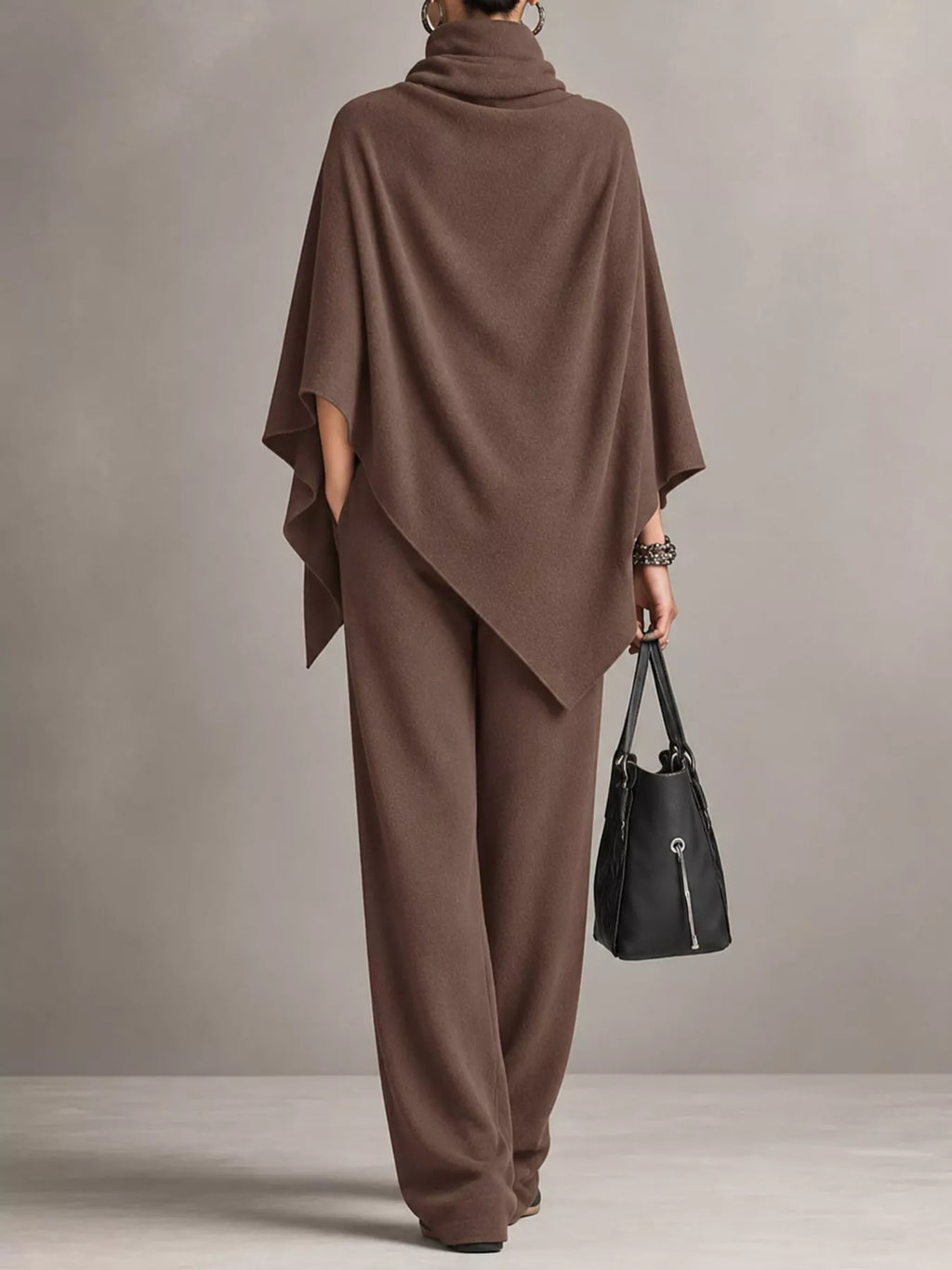 Full Size Turtleneck Poncho and Wide-Leg Pants Set Plus Size