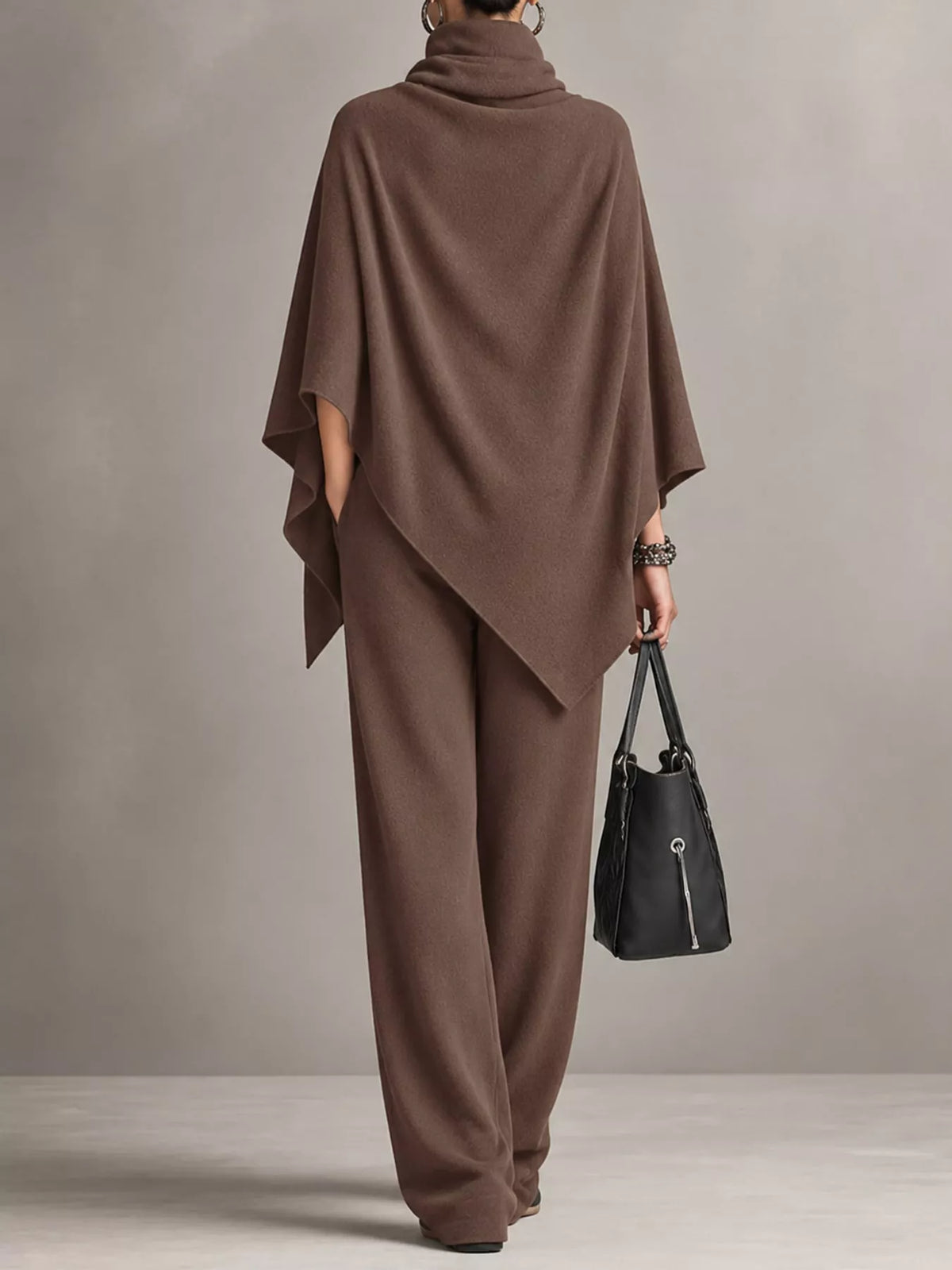Full Size Turtleneck Poncho and Wide-Leg Pants Set Plus Size
