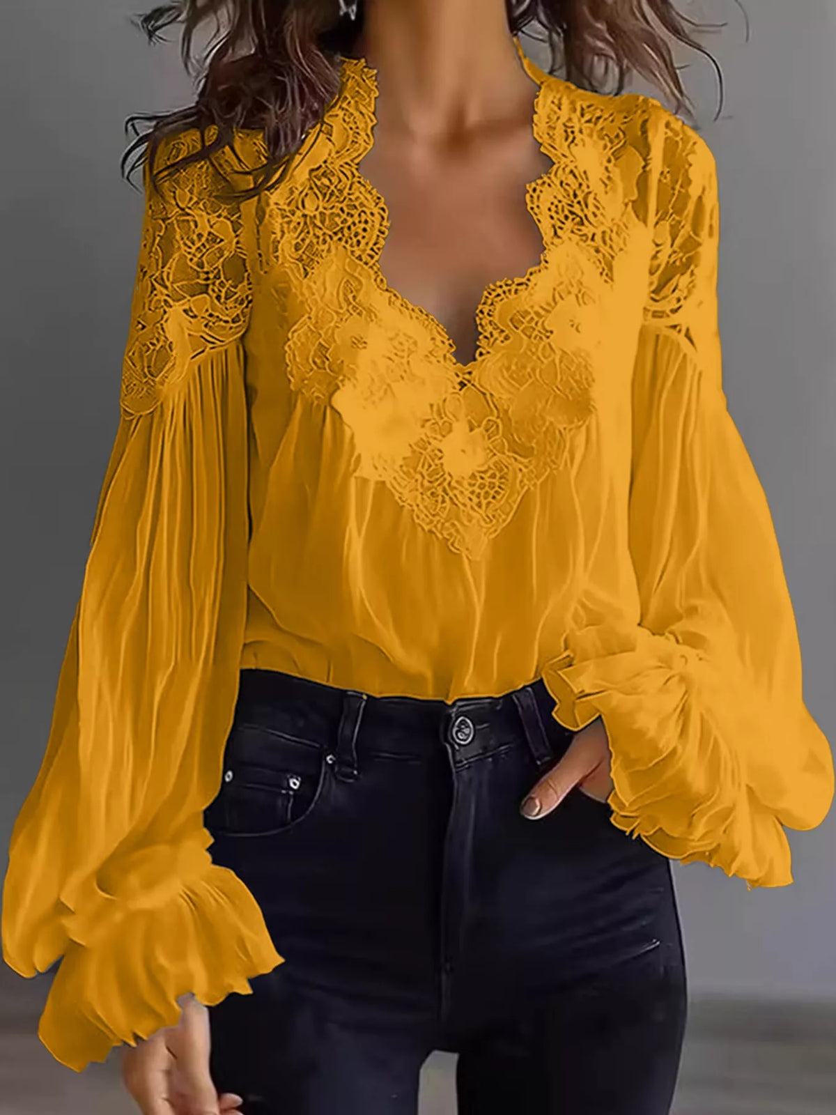 Full Size Lace V-Neck Flounce Sleeve Blouse Plus Size