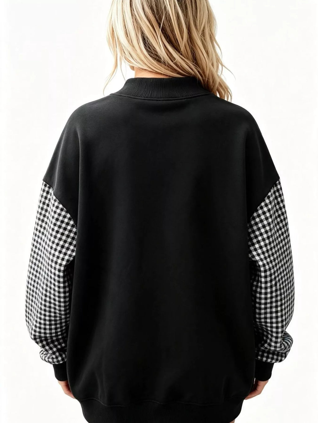 Gingham Sleeves Round Neck Sweatshirt