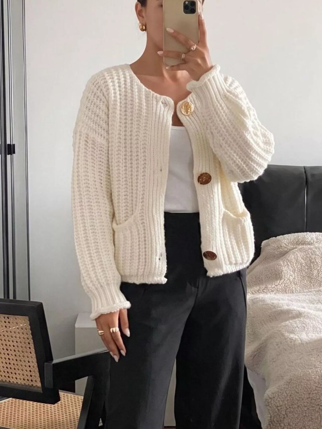 Ribbed Knit Cardigan with Gold-Tone Buttons