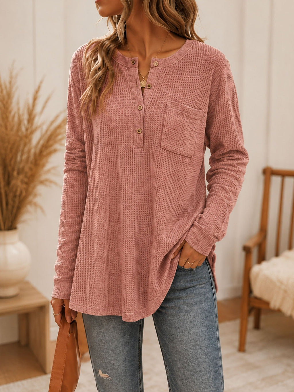 Anno Fashion New Solid Waffle Knit Long Sleeve Top With Pockets & Buttons