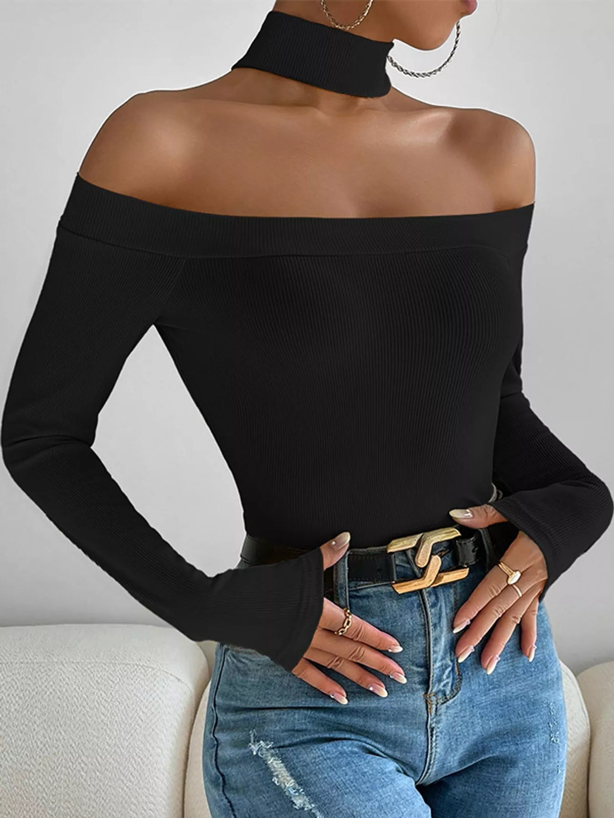 Off-Shoulder Ribbed Knit Long Sleeve T-Shirt with Choker Neck