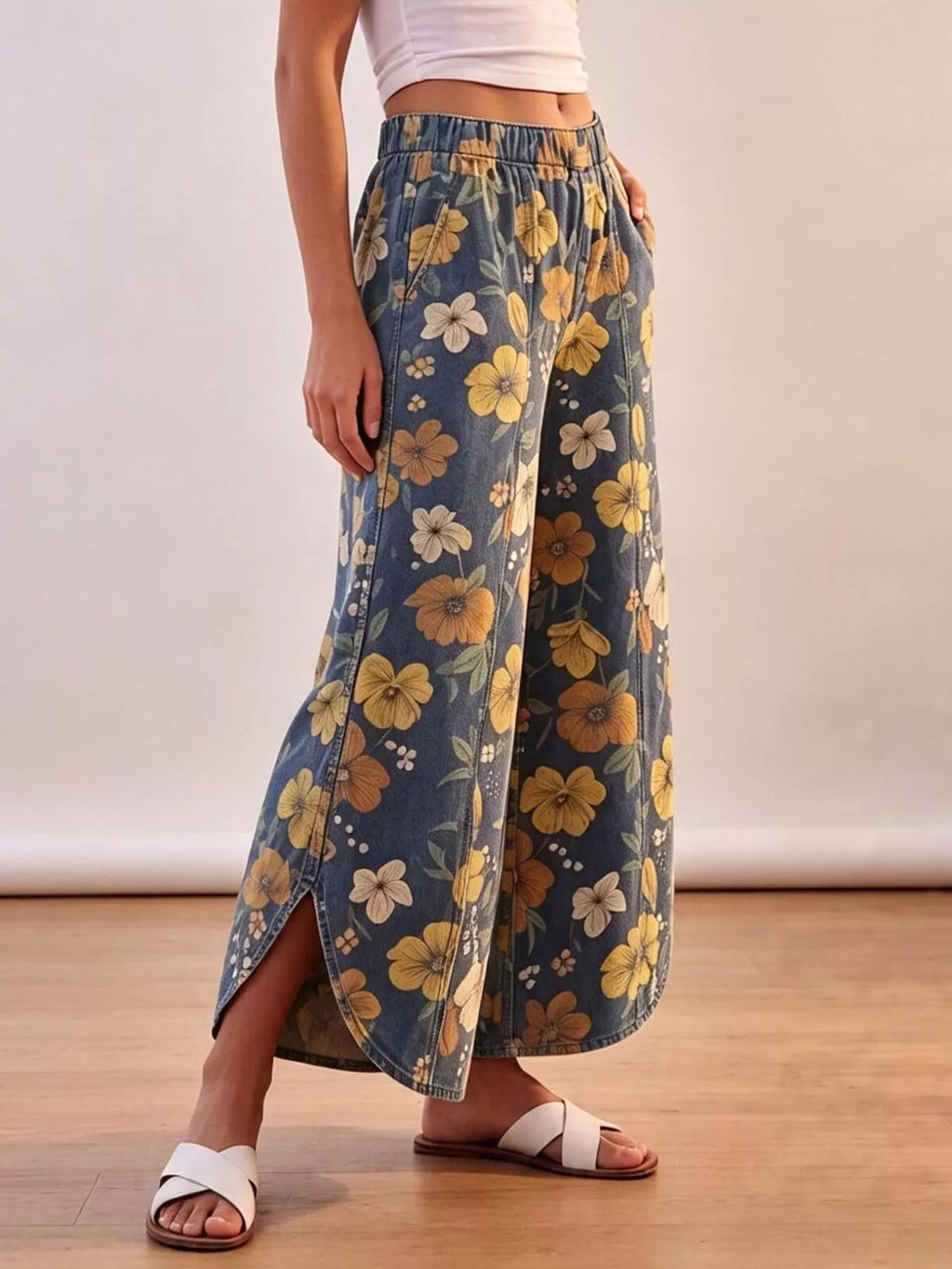Floral Print Elastic Waist Wide-Leg Jeans