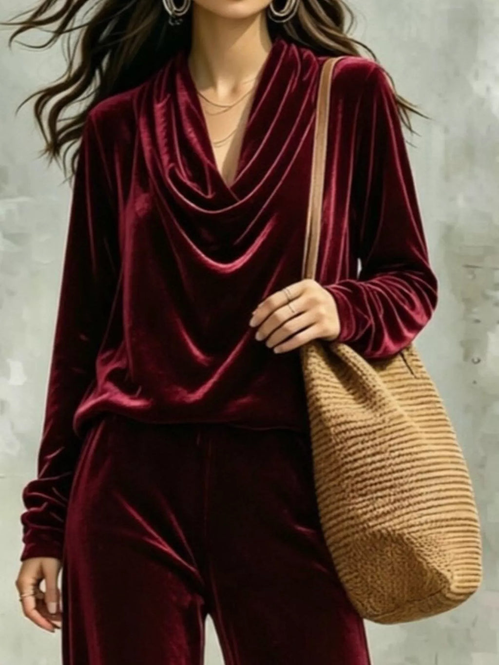 Full Size Velvet Cowl Neck Top and Pants Set Plus Size